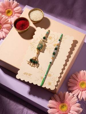 set of 2 green artificial beads traditional bhaiya bhabhi rakhi with roli chawal 4