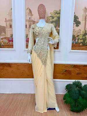 Beige georgette embroidered saree with beads 2