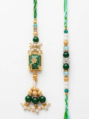 set of 2 green artificial beads traditional bhaiya bhabhi rakhi with roli chawal 5