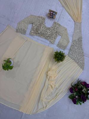 Beige georgette embroidered saree with beads 3