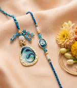 set of 2 blue evil eye traditional gold toned bhaiya bhabhi rakhi with roli chawal