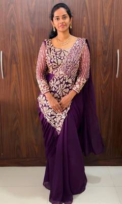 Purple georgette embroidered saree with beads 1