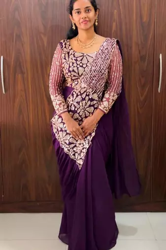 Purple georgette embroidered saree with beads