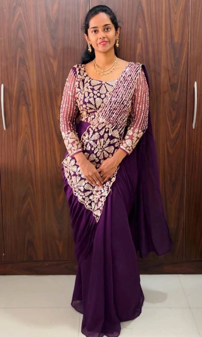 Purple georgette embroidered saree with beads