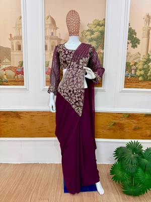 Purple georgette embroidered saree with beads 2