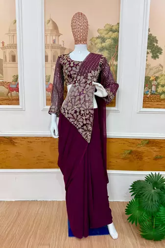 Purple georgette embroidered saree with beads