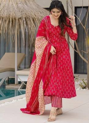Floral printed muslin v neck red anarkali set 1
