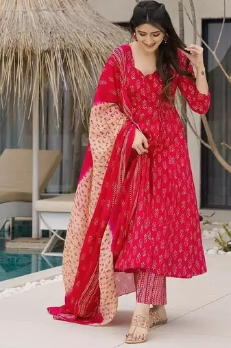Floral printed muslin v neck red anarkali set
