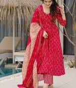 Floral printed muslin v neck red anarkali set