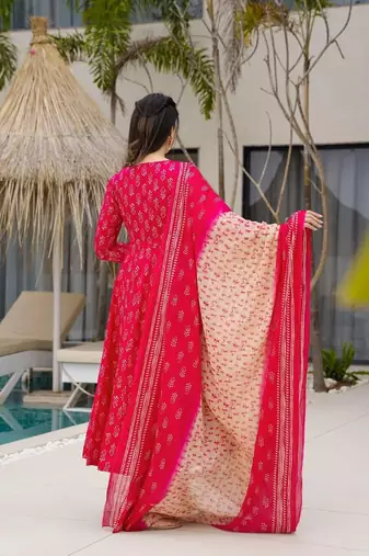 Floral printed muslin v neck red anarkali set