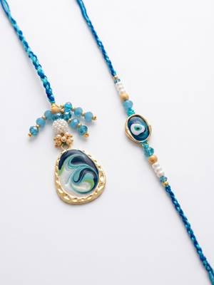 set of 2 blue evil eye traditional gold toned bhaiya bhabhi rakhi with roli chawal 5