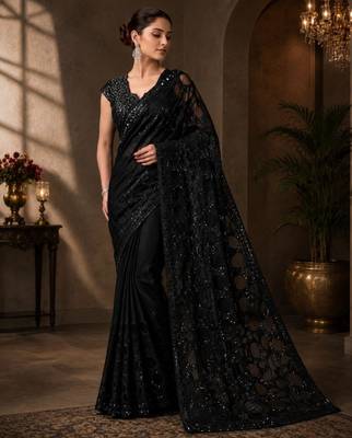 Black net embroidered saree with sequins work 1