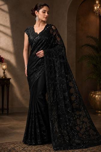 Black net embroidered saree with sequins work