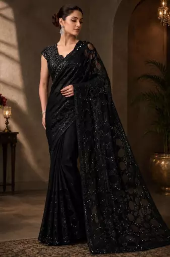 Black net embroidered saree with sequins work