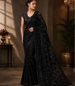 Black net embroidered saree with sequins work