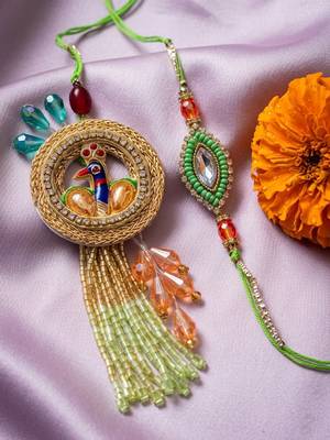 set of 2 artificial stones designer bhaiya bhabhi rakhi with roli chawal chandan 1