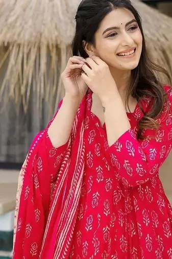 Floral printed muslin v neck red anarkali set