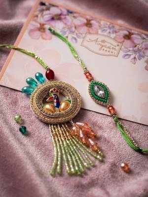 set of 2 artificial stones designer bhaiya bhabhi rakhi with roli chawal chandan 2