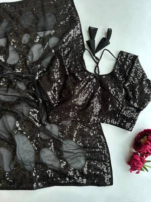 Black net embroidered saree with sequins work 2