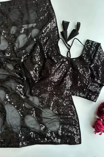 Black net embroidered saree with sequins work
