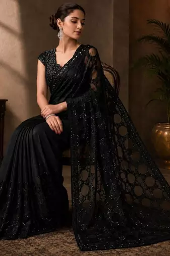 Black net embroidered saree with sequins work