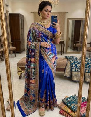 blue silk blend printed saree with geometric print 1