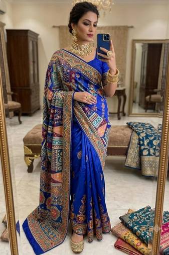 blue silk blend printed saree with geometric print