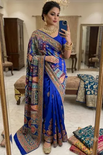 blue silk blend printed saree with geometric print