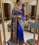blue silk blend printed saree with geometric print