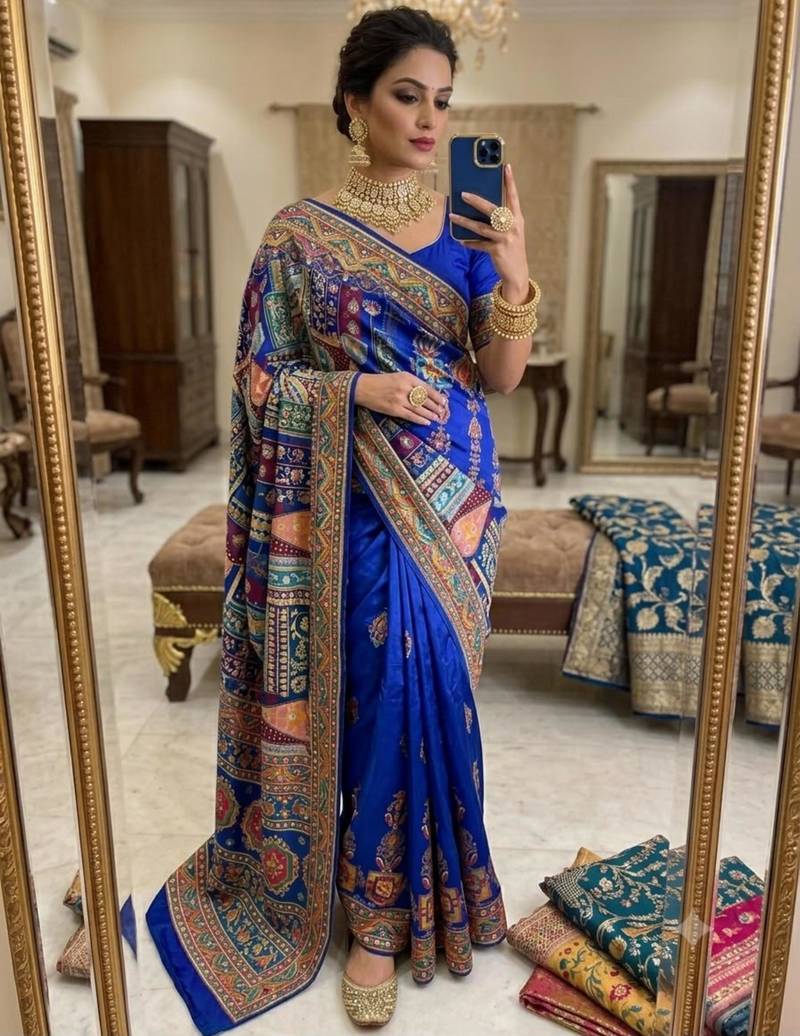 blue silk blend printed saree with geometric print