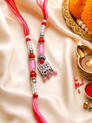 set of 2 artificial beads jhumka design bhaiya bhabhi rakhi with roli chawal 1