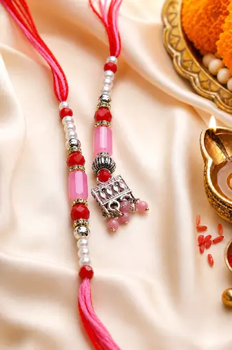 set of 2 artificial beads jhumka design bhaiya bhabhi rakhi with roli chawal
