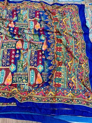 blue silk blend printed saree with geometric print 2