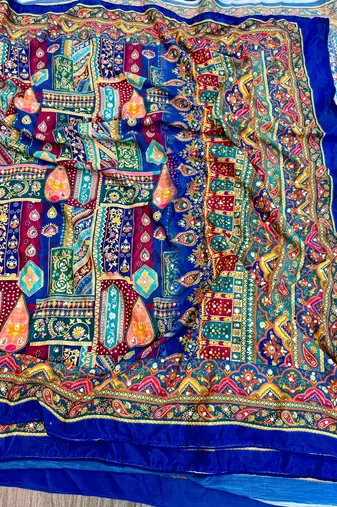 blue silk blend printed saree with geometric print