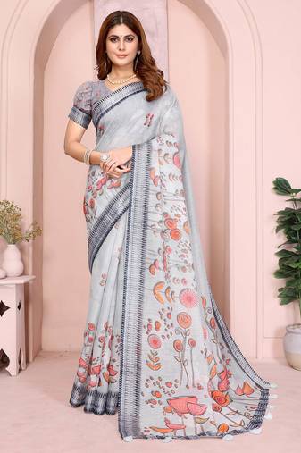Grey linen cotton floral printed casual saree with matching blouse piece