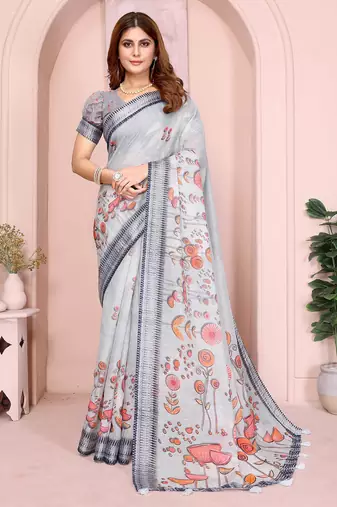 Grey linen cotton floral printed casual saree with matching blouse piece