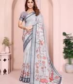 Grey linen cotton floral printed casual saree with matching blouse piece
