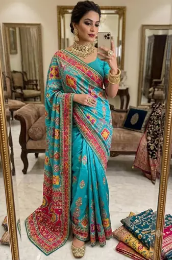sky blue silk blend printed saree with geometric print