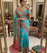 sky blue silk blend printed saree with geometric print