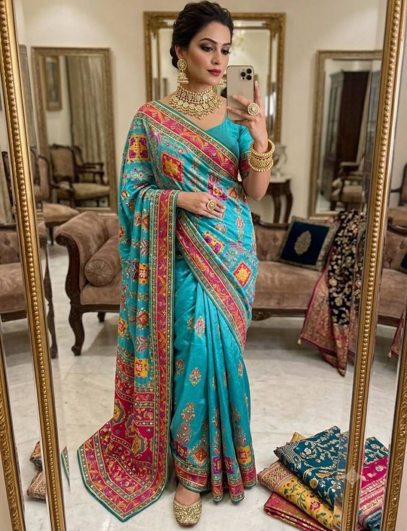 sky blue silk blend printed saree with geometric print