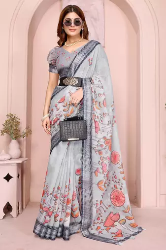 Grey linen cotton floral printed casual saree with matching blouse piece