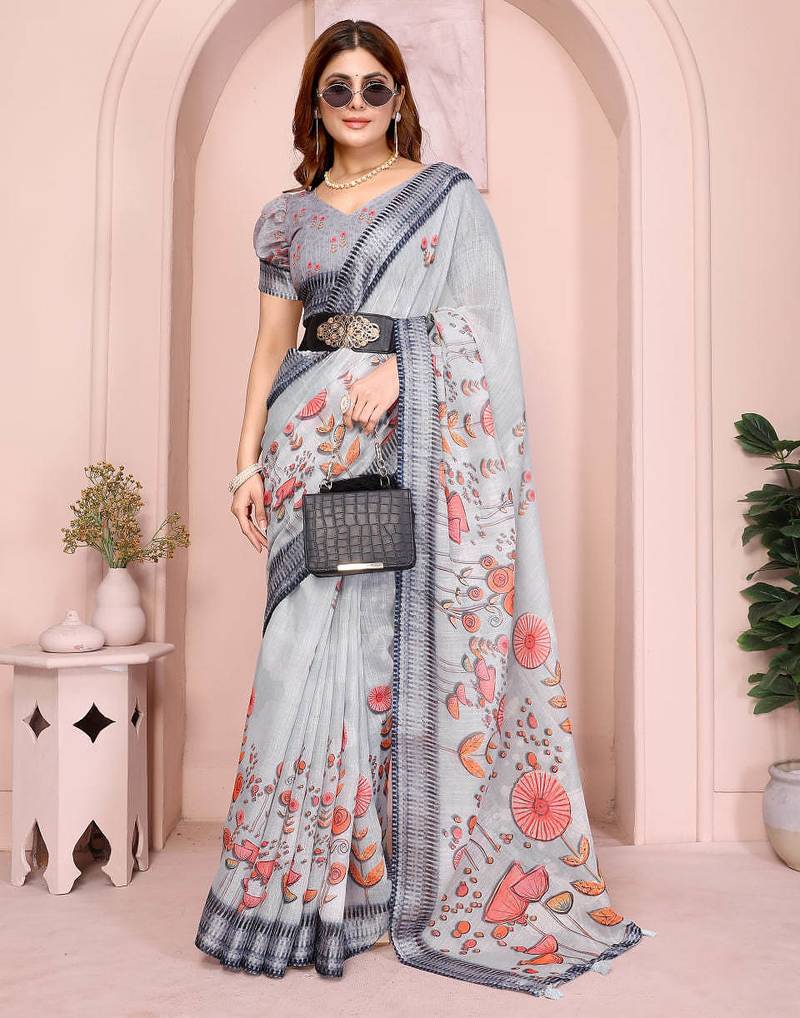Grey linen cotton floral printed casual saree with matching blouse piece