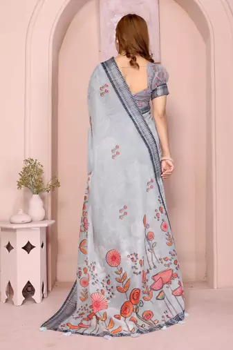 Grey linen cotton floral printed casual saree with matching blouse piece