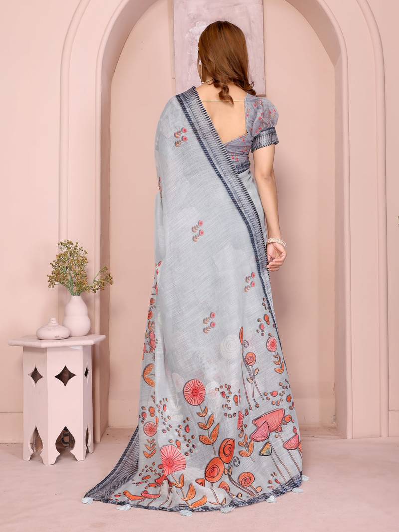 Grey linen cotton floral printed casual saree with matching blouse piece