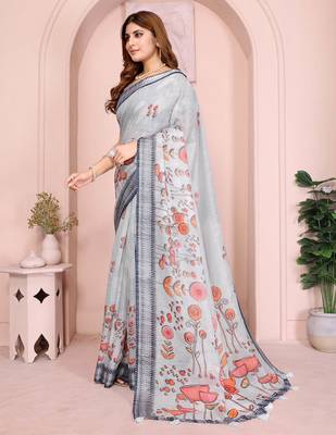 Grey linen cotton floral printed casual saree with matching blouse piece 4