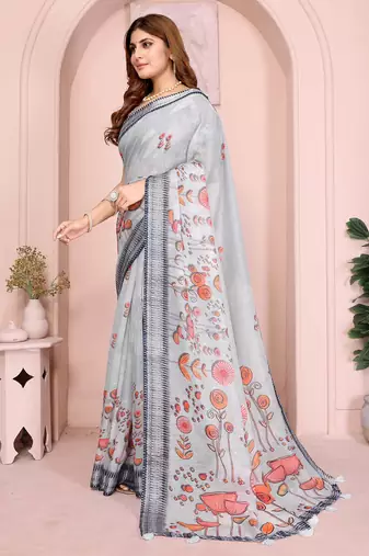 Grey linen cotton floral printed casual saree with matching blouse piece