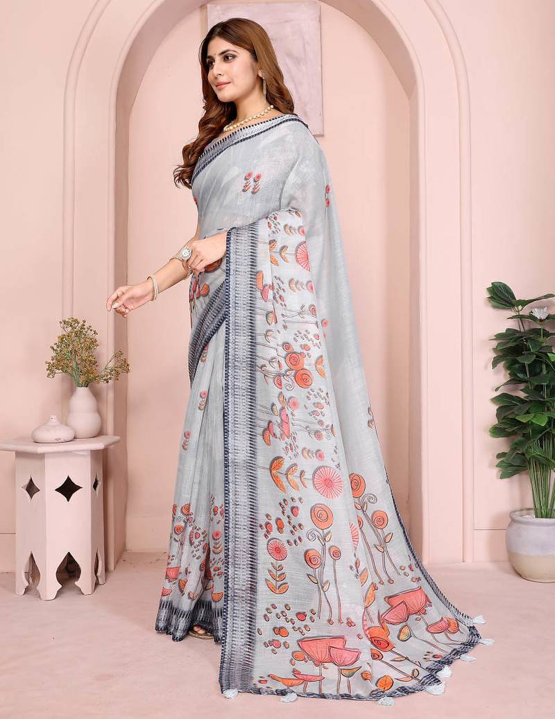Grey linen cotton floral printed casual saree with matching blouse piece