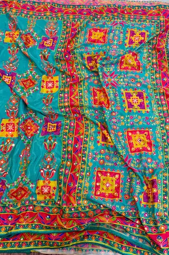 sky blue silk blend printed saree with geometric print