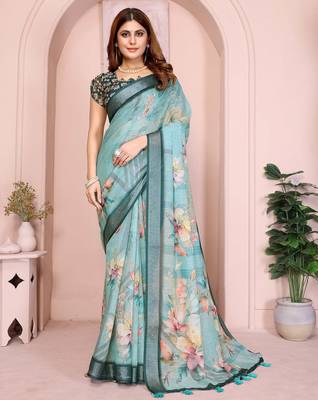 Teal linen cotton floral printed casual saree with matching blouse piece 1