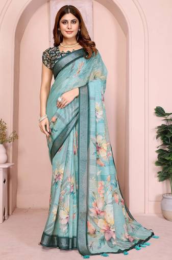 Teal linen cotton floral printed casual saree with matching blouse piece